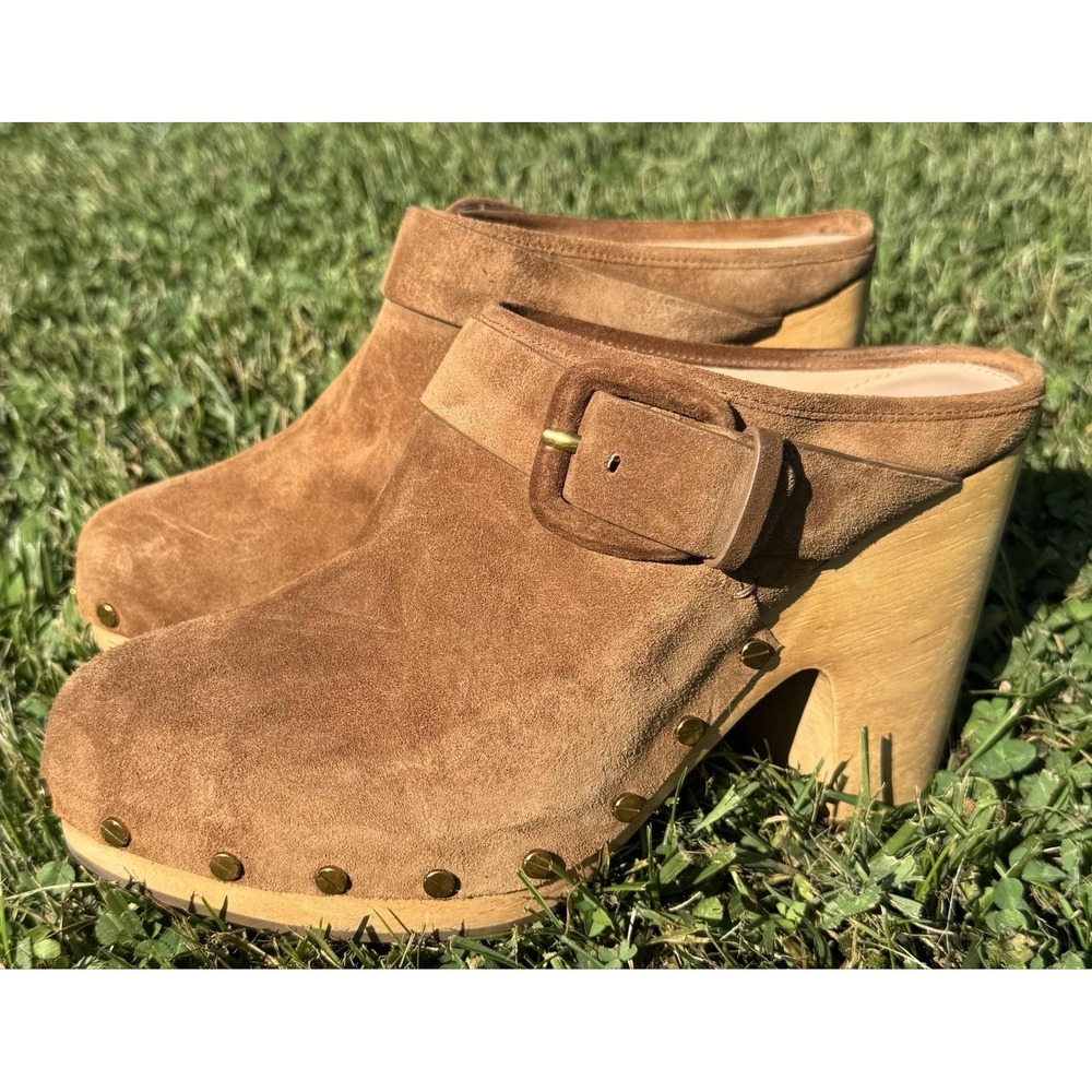 Veronica Beard Dacey Suede Wooden Clog Mule Camel Brown Studded Buckle Heel 8.5M - Picture 3 of 13